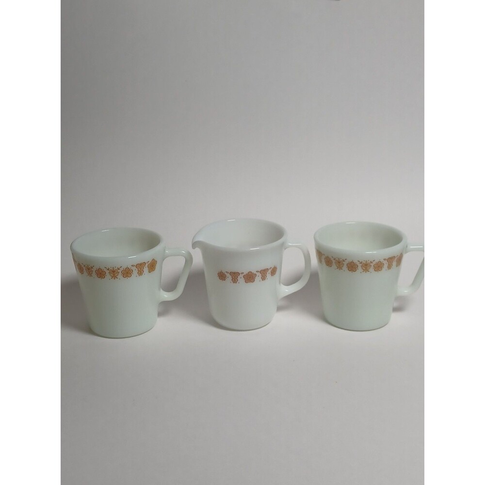 Vintage Pyrex Butterfly Gold Coffee Mug & Creamer Set 2 Mugs 1 Creamer MCM EUC